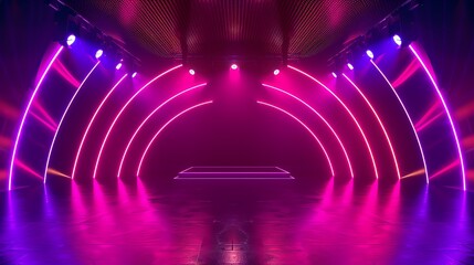 Futuristic 3D concert stage with neon lights, 3D background music, energetic and innovative. copy space for text,