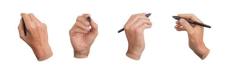 Hand holding pen, stylus for handwriting, drawing, set isolated on white background..