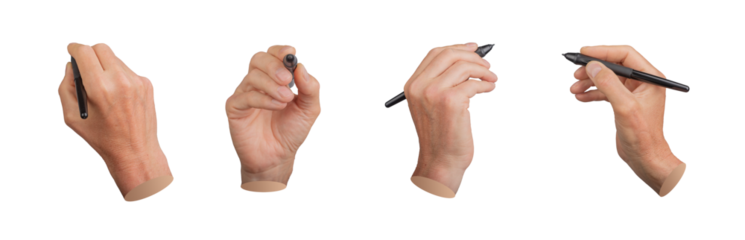Hand holding pen, stylus for handwriting, drawing, set isolated on white background..