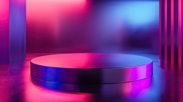 Iridescent Purple Modern Podium with Chromatic Aberration Effect for Displaying Cosmetics.