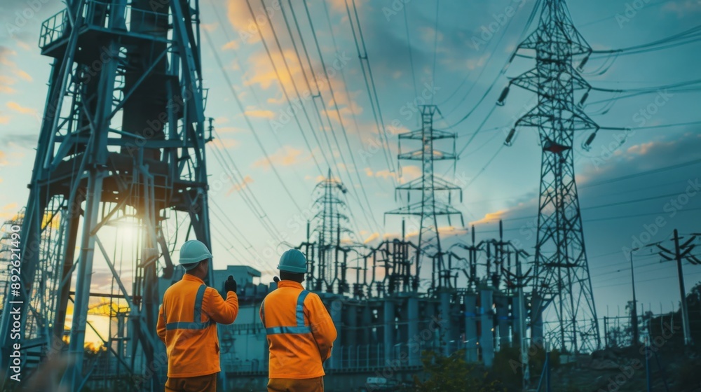 Aufkleber engineers inspecting high-voltage power lines near a power plant, emphasizing the importance of infr