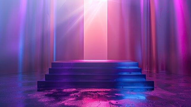 Iridescent Purple Modern Podium with Chromatic Aberration Effect for Displaying Cosmetics.