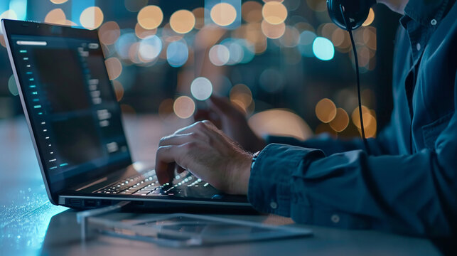 Technical support customer service concept software engineer using laptop computer with customer support and global network