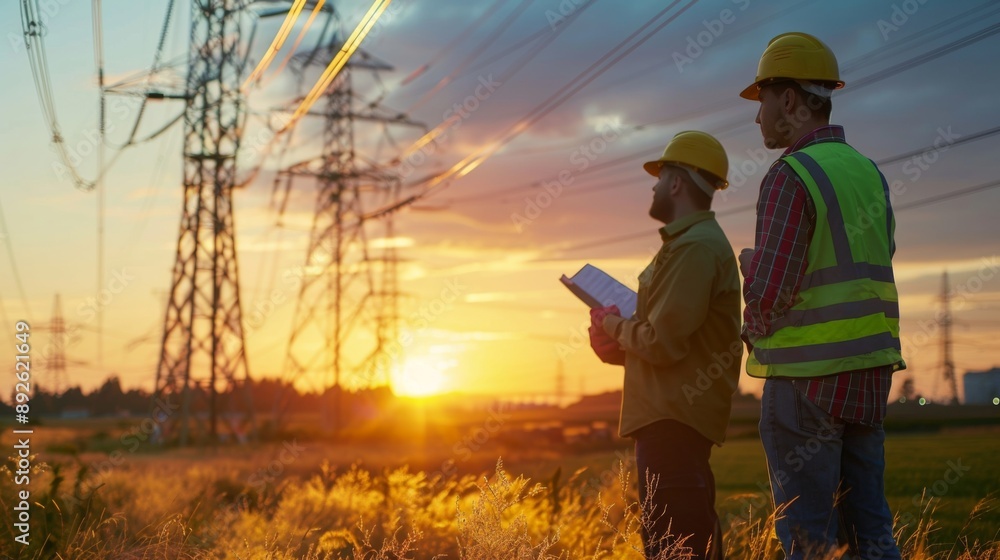 Poster Engineers inspecting high-voltage power lines near a power plant, emphasizing the importance of infrastructure maintenance