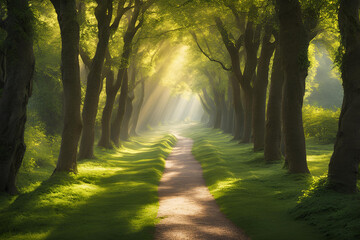 Obraz premium Sunlit Forest Path with Lush Greenery, A serene forest path illuminated by the warm rays of the sun, surrounded by lush green foliage