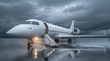 Obraz premium A private jet sits on a snowy runway in the Alps, with snow-covered mountains in the background.