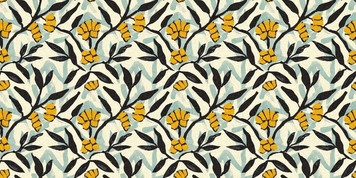 Modern printed fabric flower block print pattern with linen texture effect. Stylized boho dark floral for chic fashion background motif border design.