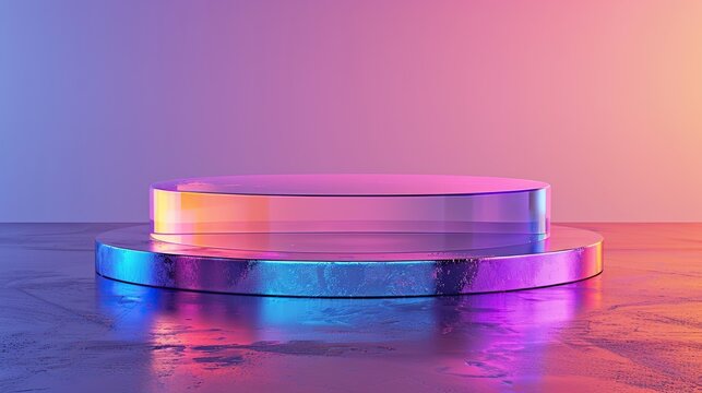 Iridescent Purple Modern Podium with Chromatic Aberration Effect for Displaying Cosmetics.