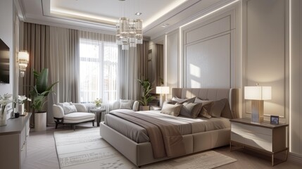Fototapeta premium Bright and airy modern bedroom with a large bed, stylish furniture, and soft lighting.