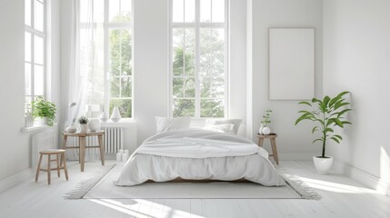 Bright white bedroom with minimalist decor, a cozy bed, and large windows allowing natural light to flood the space.