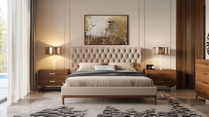 Chic modern bedroom with a tufted headboard, patterned rug, and sleek nightstands.