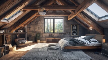 Cozy loft bedroom featuring wooden beams, metal accents, and a minimalist design.