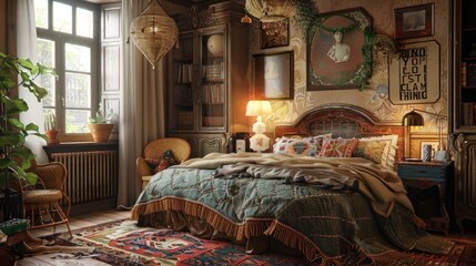 Cozy vintage bedroom with a mix of antique furniture, patterned textiles, and warm lighting.