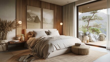 Fototapeta premium Elegant natural bedroom with neutral colors, organic textures, and a serene vibe.