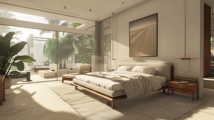 Modern bedroom with an open layout, minimalist furniture, and a calming color scheme.