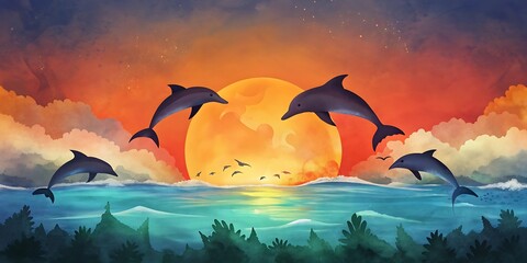 Dolphin Pod Leaping at Sunset as Wallpaper or Poster Design