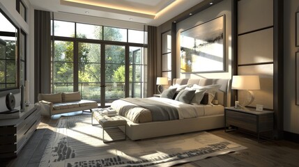 Sophisticated modern bedroom with a mix of natural light, clean lines, and high-end finishes.
