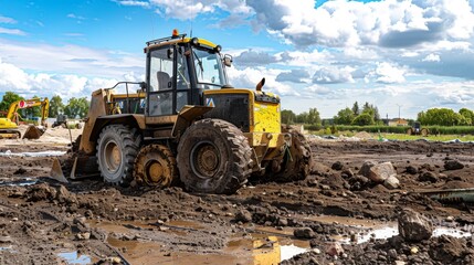 Obraz premium Yellow Excavator Stuck In Mud.