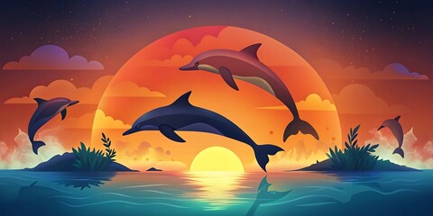 Dolphin Pod Leaping at Sunset as Wallpaper or Poster Design