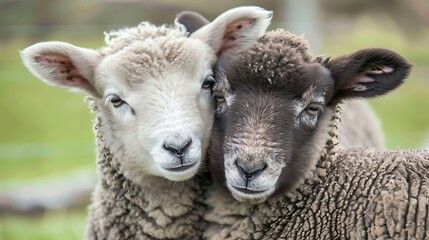 Fototapeta premium Two young sheep embracing and showing affection