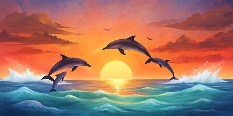 Dolphin Pod Leaping at Sunset as Wallpaper or Poster Design