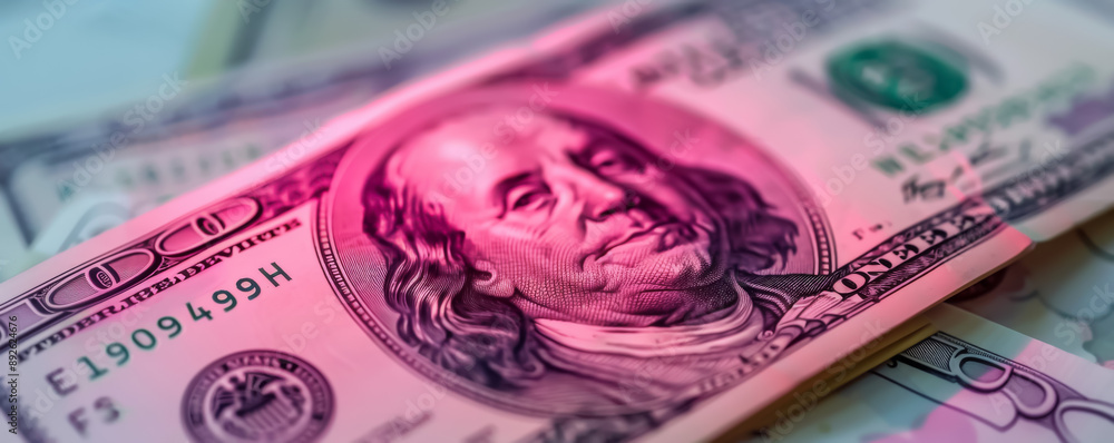Poster a stack of pink money with the number 100 on it