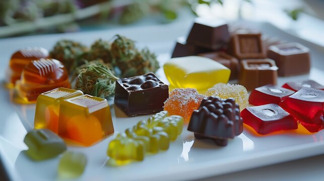 various cannabis-infused edibles such as gummies and chocolates, detailed textures and vibrant colors