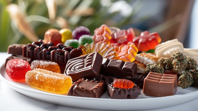 various cannabis-infused edibles such as gummies and chocolates, detailed textures and vibrant colors