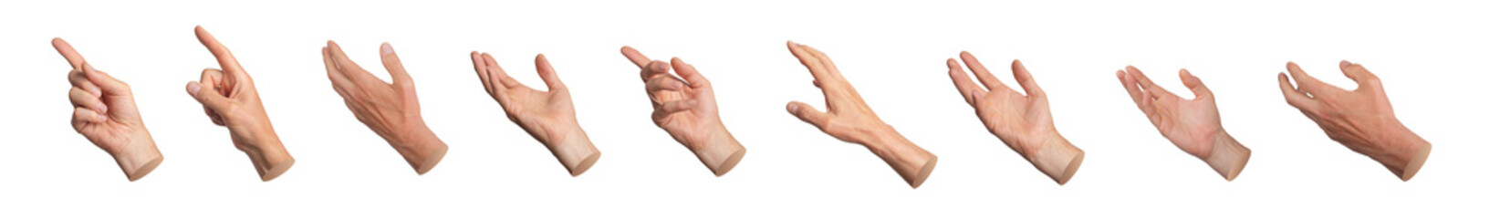 Index finger indicating, pointing. Hand touching, reaching out, pointer isolated on white background, set.