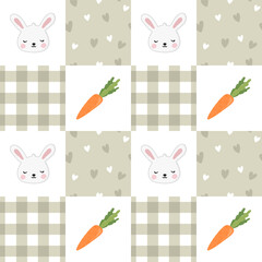 Seamless pattern with bunny, carrot and hearts on a checkered background. Baby background in a pastel palette. Perfect for for wrapping paper, clothes, textiles.