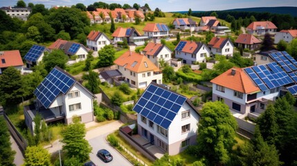 Obraz premium Aerial view of a suburban neighborhood with photovoltaic houses surrounded by greenery.