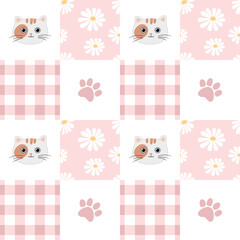 Seamless pattern with cat, paw and flowers on a checkered background. Baby background in a pastel palette. Perfect for for wrapping paper, clothes, textiles.