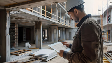 Fototapeta premium An architect wearing a hard hat reviews construction plans on a tablet at a building site with partially constructed structures.