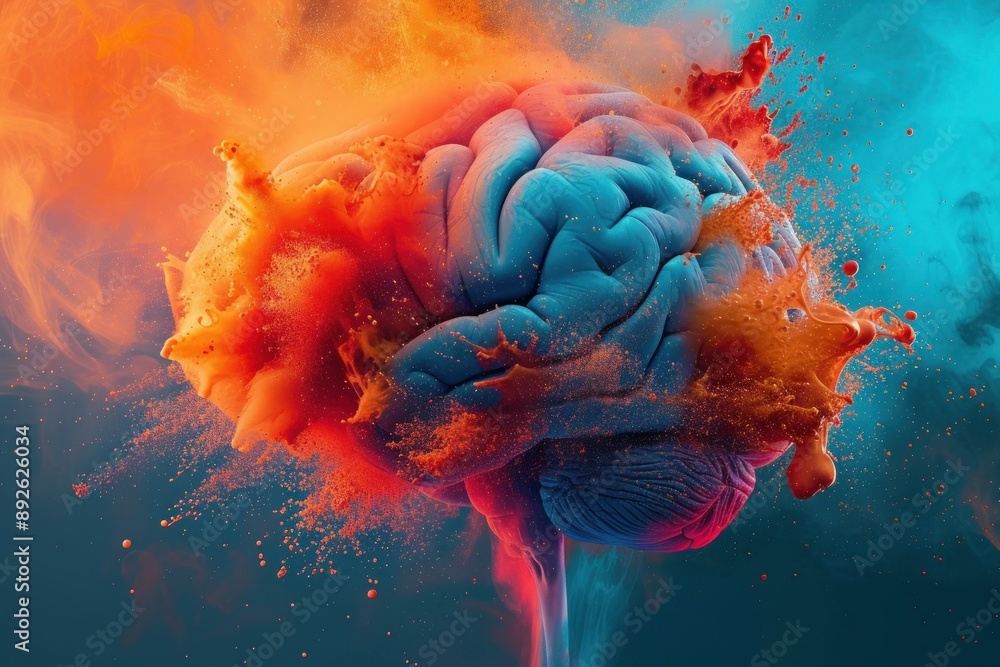 Poster abstract image of a brain with vibrant color explosion