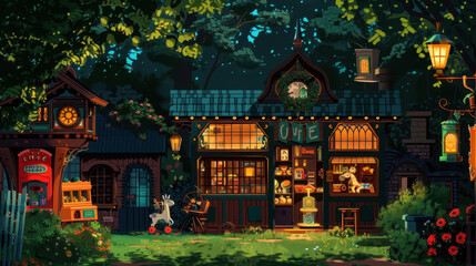 Fototapeta premium Cozy evening scene of a whimsical storefront with warm lights, greenery, and decorative elements in a magical forest setting