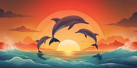 Dolphin Pod Leaping at Sunset as Wallpaper or Poster Design