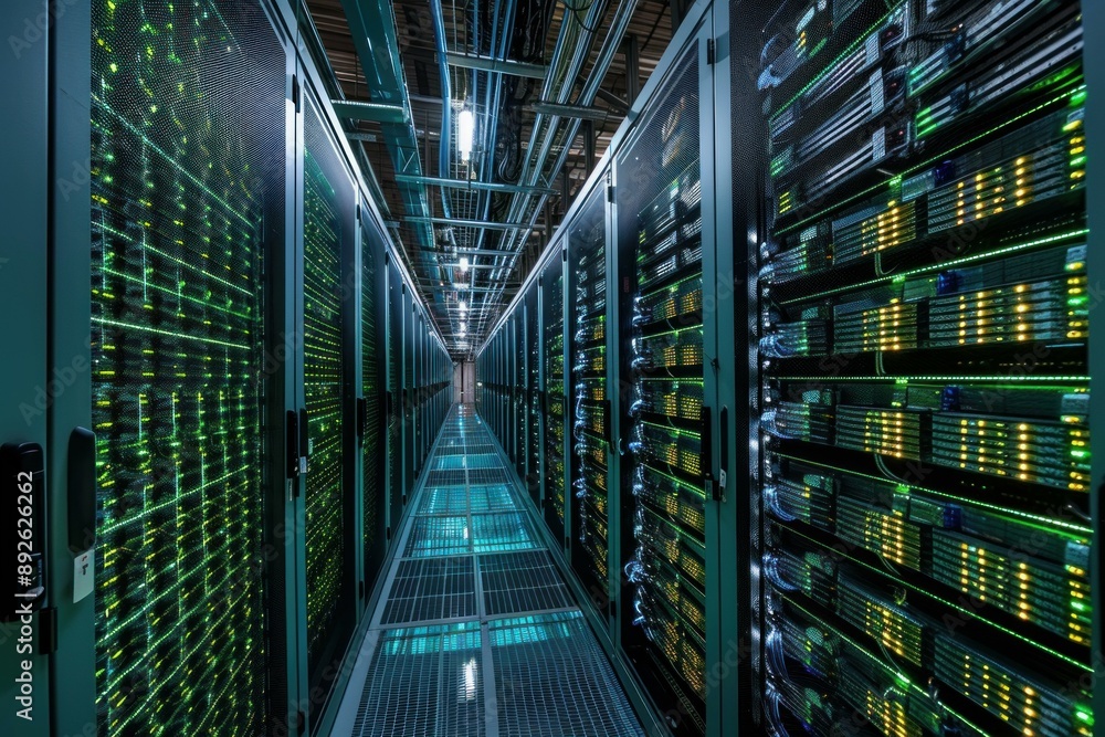 Poster perspective view of a modern data center alley with illuminated server racks