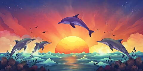 Dolphin Pod Leaping at Sunset as Wallpaper or Poster Design