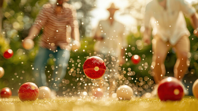Friends playing bocce ball in a park, summer leisure, Relaxed competition