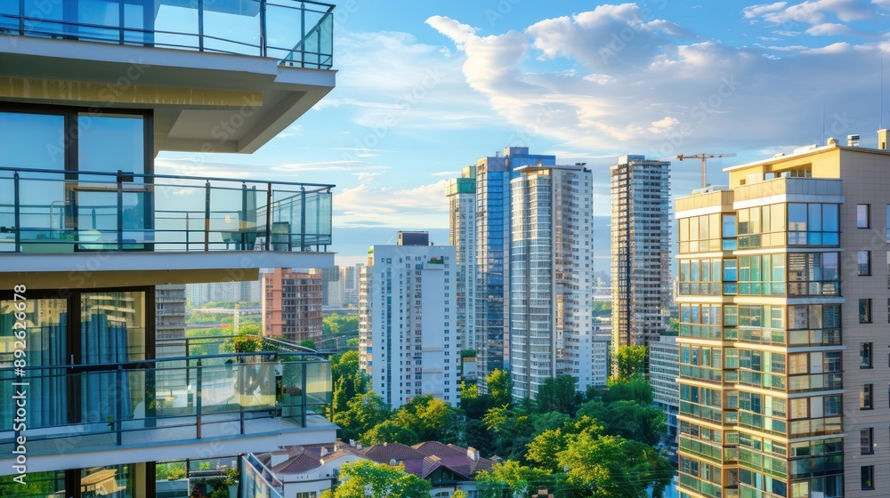 Wall mural balconies of a condo high-rise building overlooking a cityscape.