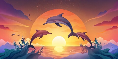 Dolphin Pod Leaping at Sunset as Wallpaper or Poster Design