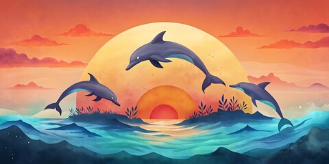Dolphin Pod Leaping at Sunset as Wallpaper or Poster Design