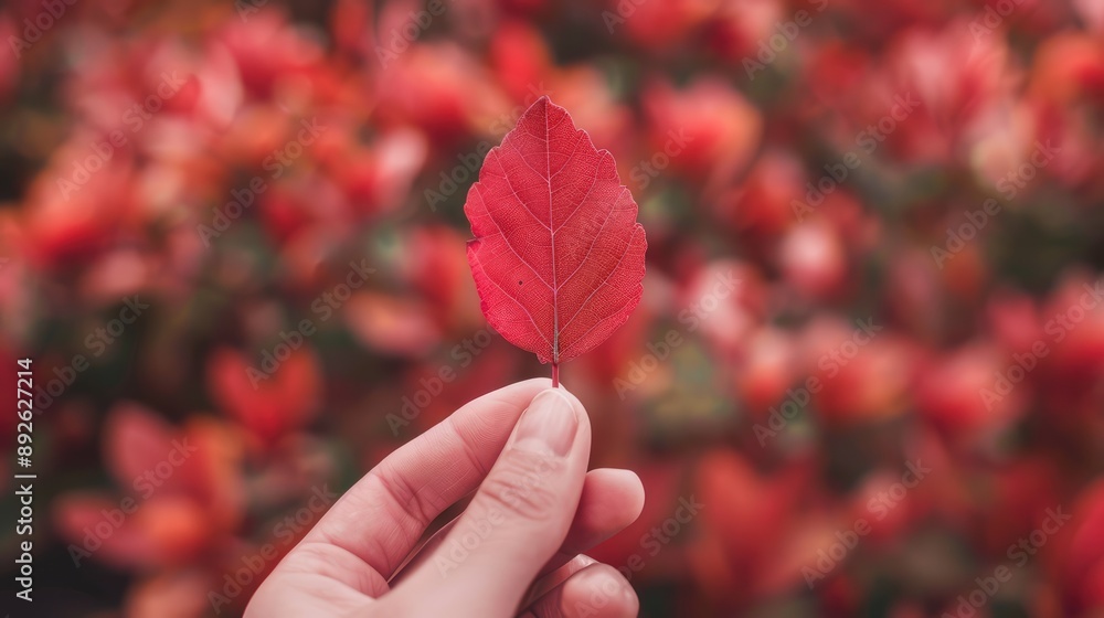 Wall mural hand holding red leaf