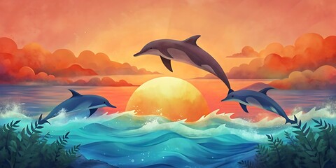 Dolphin Pod Leaping at Sunset as Wallpaper or Poster Design