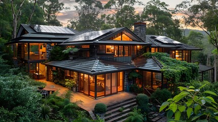 Fototapeta premium A serene eco-friendly home surrounded by lush greenery with solar panels on the roof 