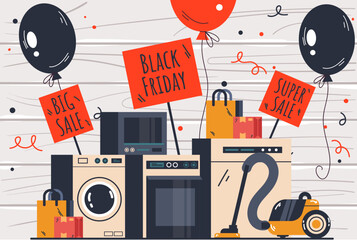 Black Friday home appliances sale discount design element concept. Vector flat graphic design element illustration


