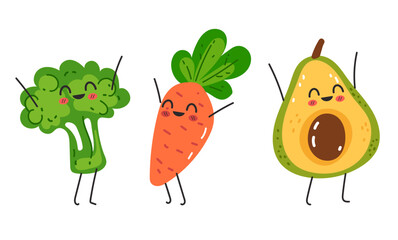 Happy vegetables characters isolated set. Vector flat graphic design element illustration