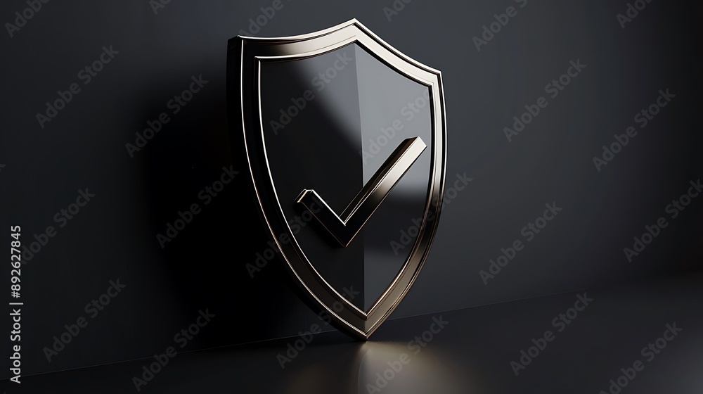Poster shield with tickmark 3d rendering minimal wallpaper, background with big copy space