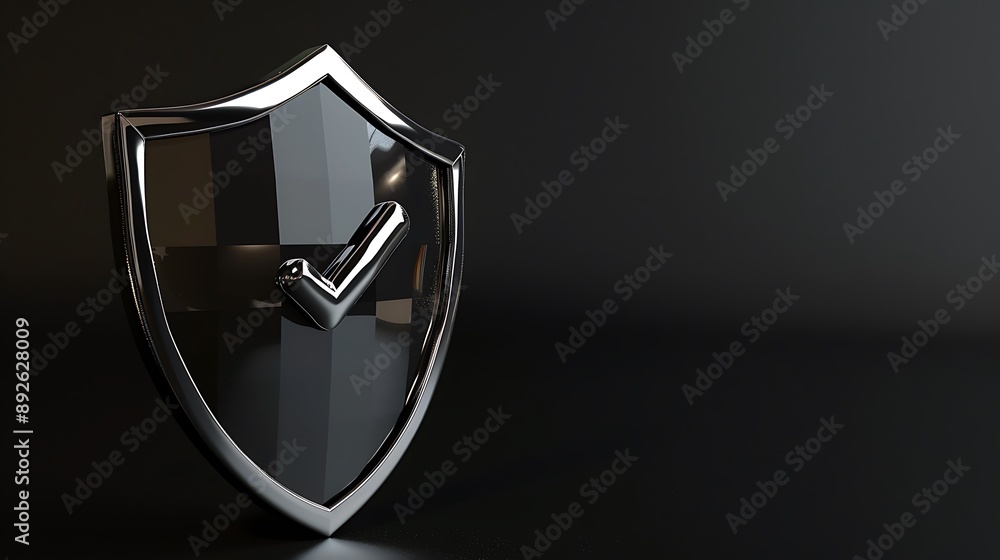 Poster shield with tickmark 3d rendering minimal wallpaper, background with big copy space
