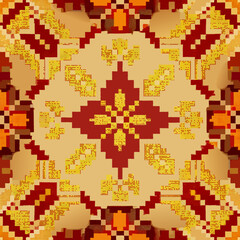 flower embroidery on cream background. ikat and cross stitch geometric seamless pattern ethnic oriental traditional. Aztec style illustration design for carpet, wallpaper, clothing, wrapping, batik